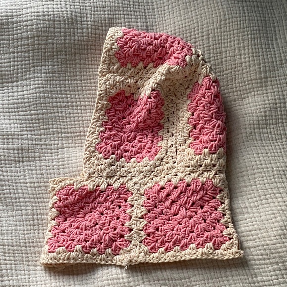 Pink and Cream Crochet Granny Square Balaclava Hat - Picture 2 of 8